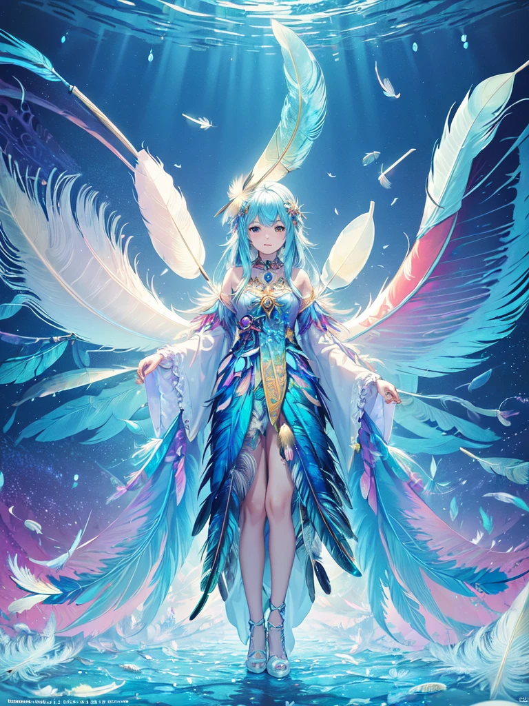 cute  (best quality, masterpiece), (colorful:1.2),perfect face, best illustration, ,(feather:1.6), incredibly absurdres, underwater,(fractal art:1.5),wings, (astral fairy), (mystical), high detailed official artwork, anime fantasy artwork, (epic fantasy), ((ethereal)),eastern costume,(dynamic angle),full body