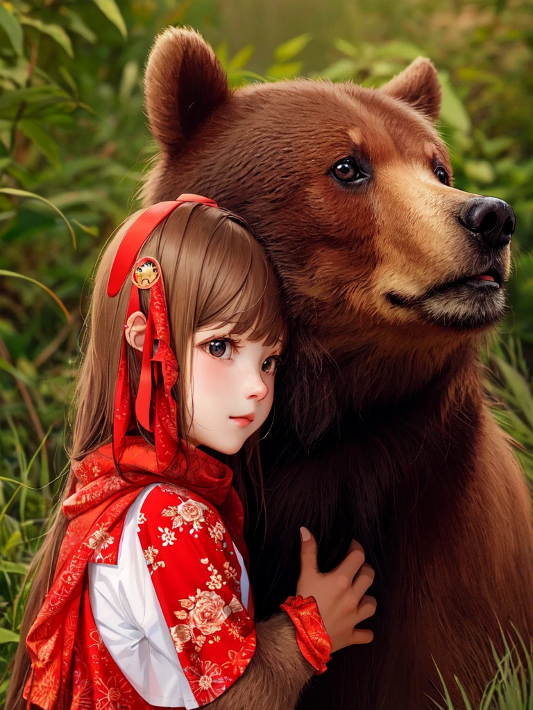 Girl, hug bear, cute girl, detailed, masterpiece 