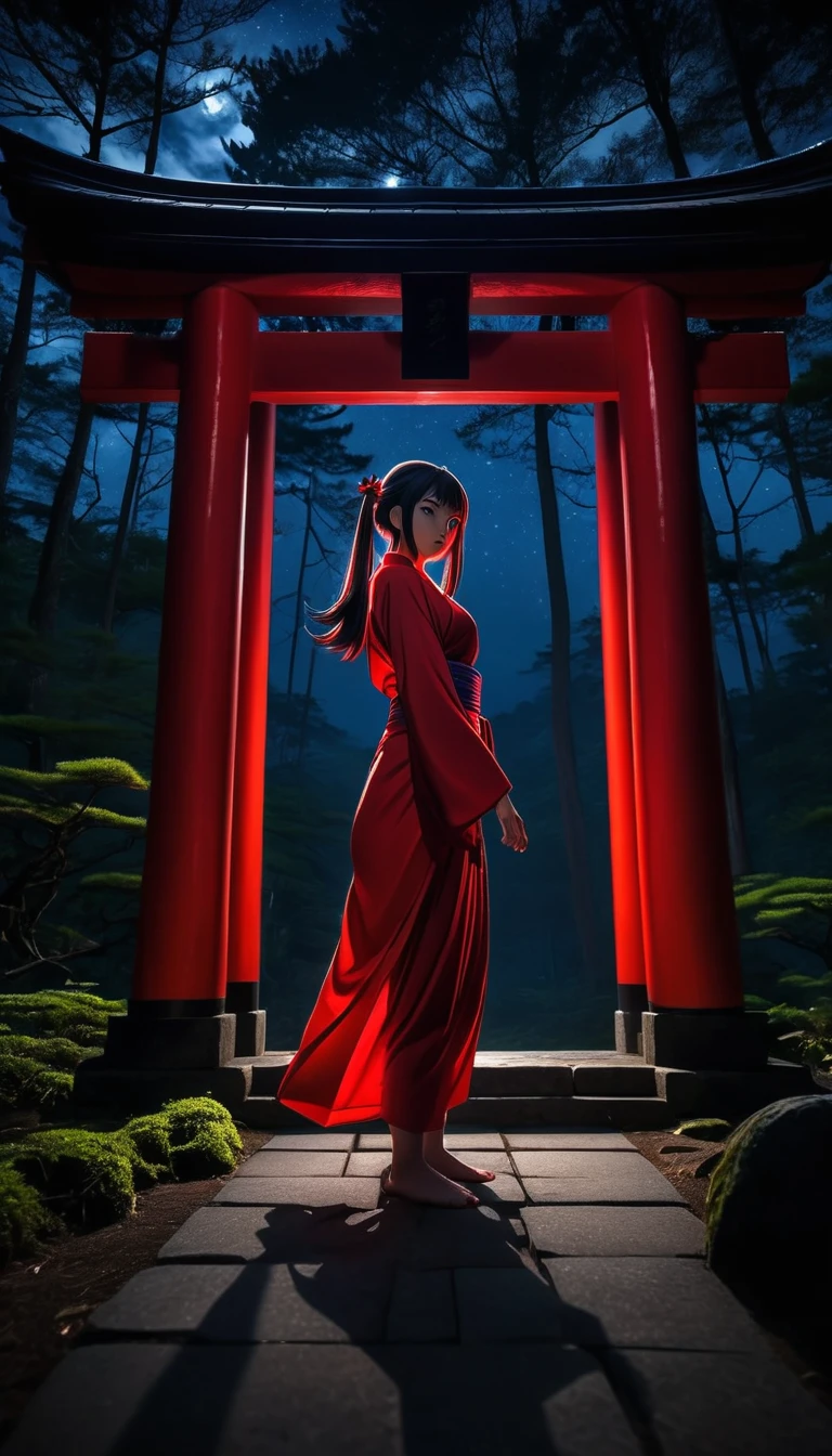 Dark aura,  Dynamic Angle, 8k, red, High resolution, Hiding in the shadows, At a Japanese shrine at night, Beautiful night sky, Forest in the background, Outdoor, whole body, detailed, Action pose, Dynamic Angle