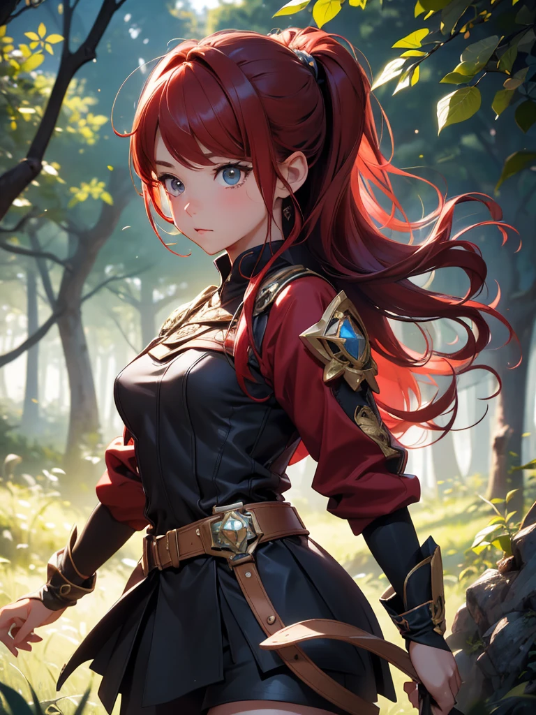 high resolution:1.7, incredibly absurdres, kawaii:1, cute:1.5, hires.fix, anime visual:1, incredibly fine illustration,8k,masterpiece:1.2,best quality, high quality, exquisite, beautiful,insanely detailed,intricate detailed, extremely detailed, Super Definition, ultra high res, Super Resolution, best aesthetic, ultra detailed:1.5, best quality, perfect face, detailed face,stunning art,absurdres,octane render,ultra hires,cute,Beautiful,(Cute and lovely),cute girl,((extremely cute and beautiful red hair)),A 16 year old daughter becomes an adventurer and battles monsters for the first time. Deep in the forest, the girl readies herself with both hands on her longsword. Spirits fly around her like stars, giving the girl power.