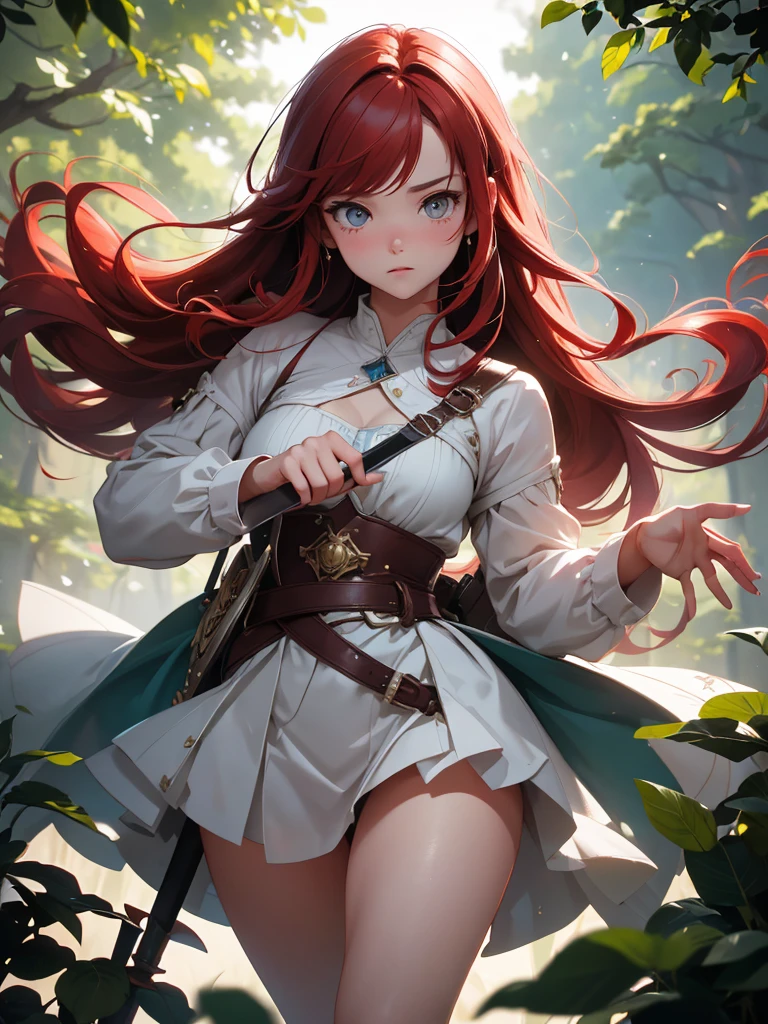 high resolution:1.7, incredibly absurdres, kawaii:1, cute:1.5, hires.fix, anime visual:1, incredibly fine illustration,8k,masterpiece:1.2,best quality, high quality, exquisite, beautiful,insanely detailed,intricate detailed, extremely detailed, Super Definition, ultra high res, Super Resolution, best aesthetic, ultra detailed:1.5, best quality, perfect face, detailed face,stunning art,absurdres,octane render,ultra hires,cute,Beautiful,(Cute and lovely),cute girl,((extremely cute and beautiful red hair)),A 16 year old daughter becomes an adventurer and battles monsters for the first time. Deep in the forest, the girl readies herself with both hands on her longsword. Spirits fly around her like stars, giving the girl power.
