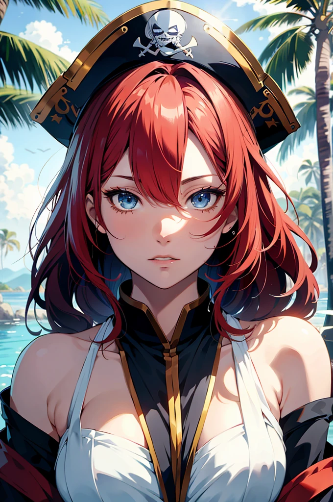 Japanese cartoons, (((portrait of he said))), A woman, (((Red hair))), (((blue eyes))), (((Female Pirate)), 8K, unreal engine, Octane Rendering, From kyun, gamang, Yoon Kun-gil, g.arrive, gosonjak, shrup, Serious, Many rice, Noah, trending on pixiv, fan box, Skobo, masterpiece, Smooth and soft skin, big dreamy eyes, Beautiful and Intricate Colored Hair, symmetry, Japanese cartoons wide eyes, soft lighting, Concept Art, digital painting, Tropical Islands