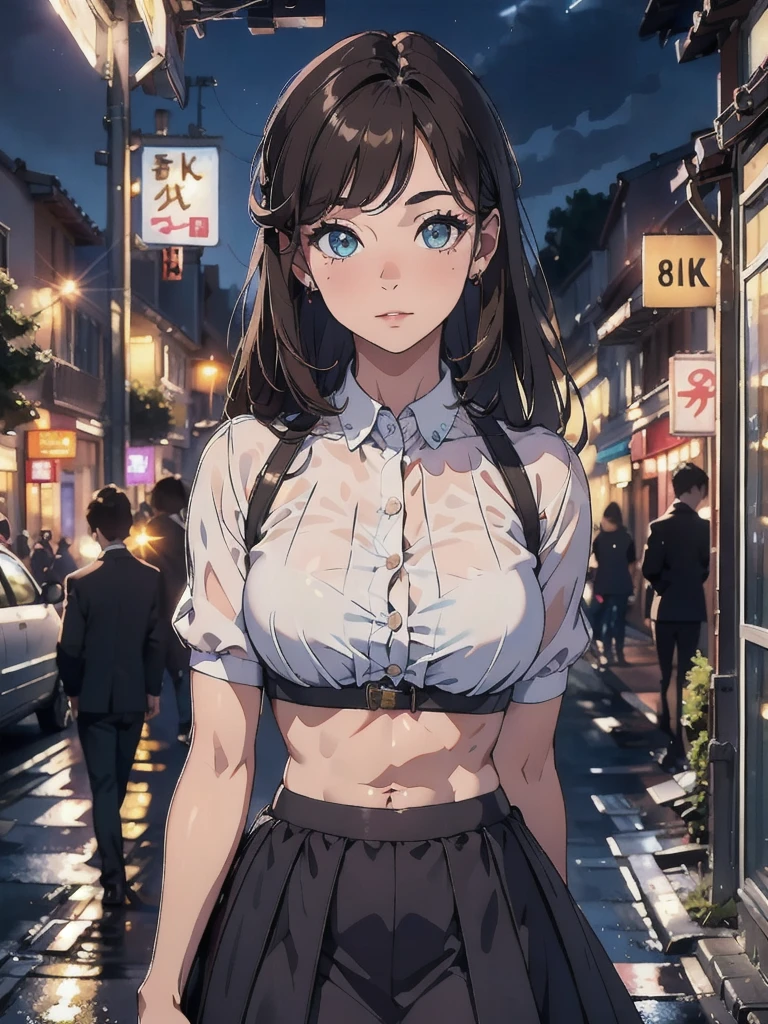(Highest quality, 8k, masterpiece: 1.3), Clear focus: 1.2, beauty: 1.4, Abdominal muscles: 1.1, Brown Hair, Princess Dress: 1.4, Outdoors at night: 1.1, street, Beautiful face and eyes, double eyelid. Add realistic lighting, Be careful adjusting the ratio.