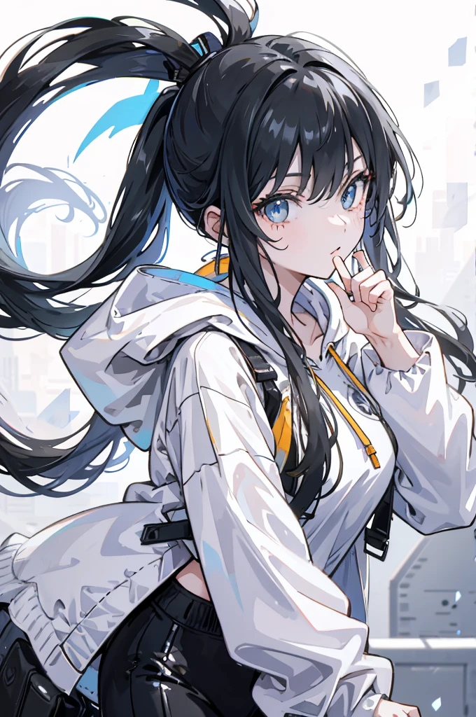 Exquisite facial features,Girl wearing white hoodie and black pants,Bright eyes,Black long hair,cute