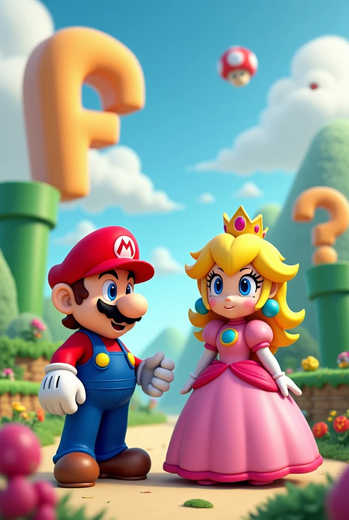 Mario and Peach characters with the letter F in the background, mario bross world in the background 