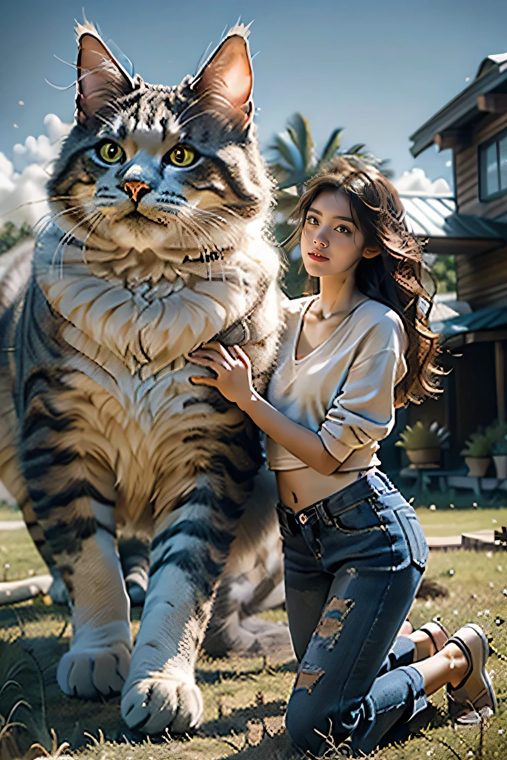 Photorealistic,Realistic,Photography,masutepiece,Best Quality,Ultra-detailed,the Extremely Detailed CG Unity 8K Wallpapers,1girl wear bikini,gigantic cat,Oversized cat,Outdoors,on grassland,