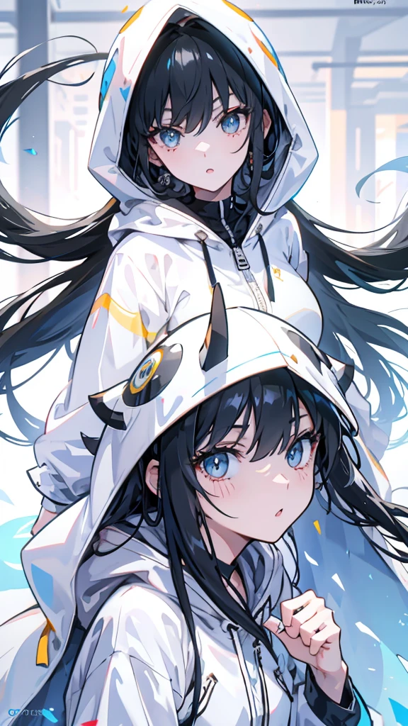 Exquisite facial features,Girl in white hoodie,Bright eyes,Black long hair,cute,超high-definition,Clarity,high-definition