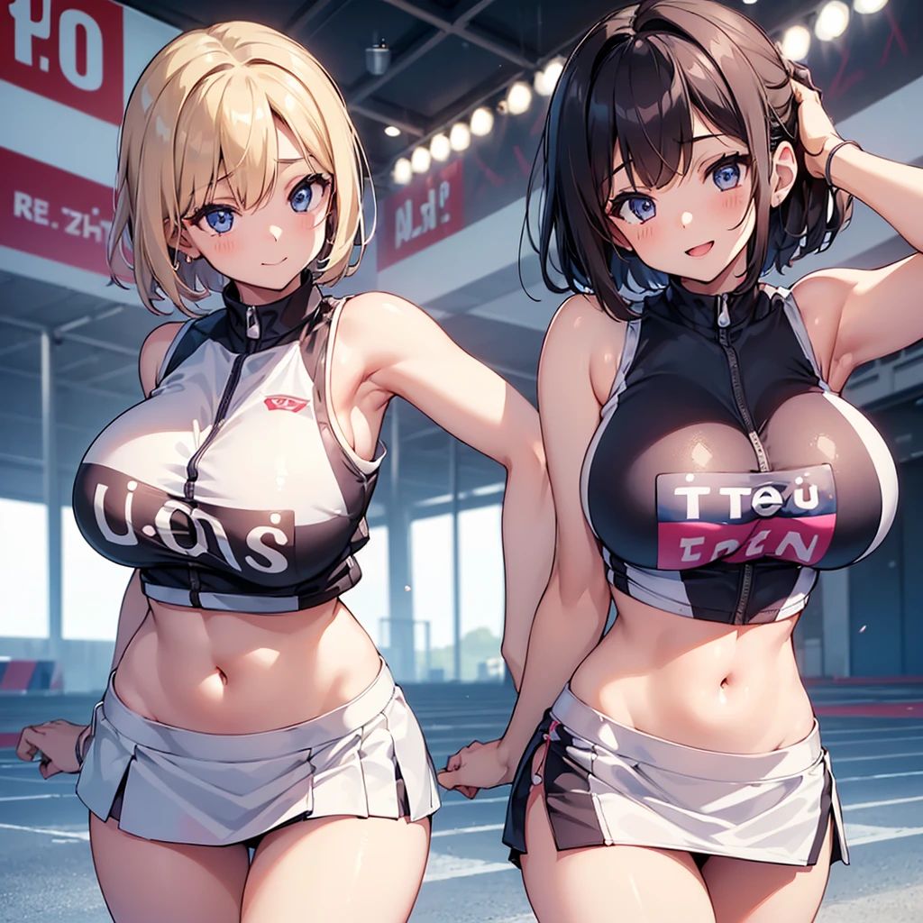 (((ung girls)))(((((race queen uniform)))))(((((sleeveless)))))(((miniskirt)))medium short hair((((large huge breasts))))((looking at viewer))(breasts focus)((((large huge breasts))))bad mood,(smile),best quality,ultra detailed,extremely detailed and beautiful,beautiful detailed eyes,
perfect anatomy,perfect hands,super detailed skin, masterpiece,((upper body))(thighs focus)(ass focus)((((navel exposed))))(seduce with breasts)(breast squeeze)(cum on breasts)(((leaning forward)))