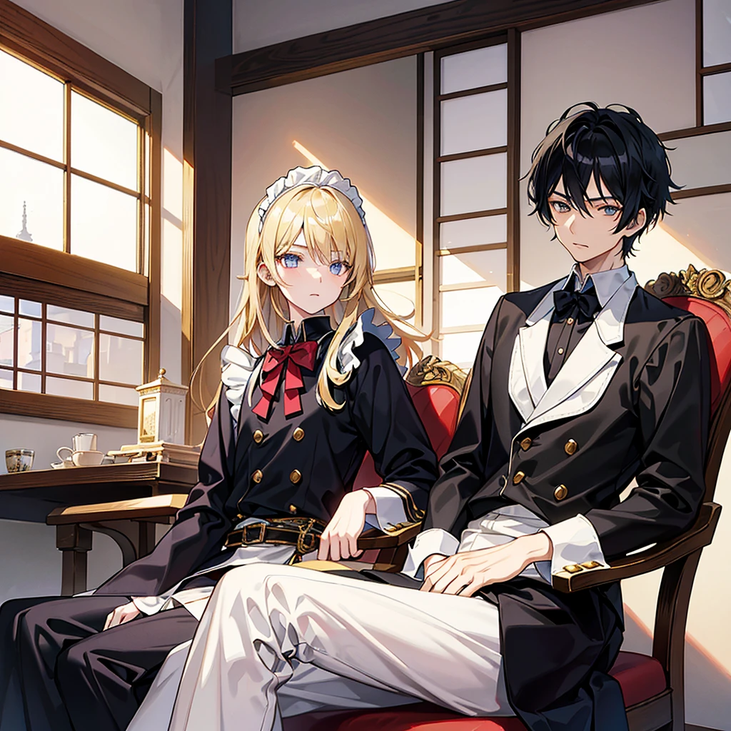 Western fantasy style,Japanese anime style,Spacious room,A young man in aristocratic clothing sits on a chair,The ager has black hair,Handsome。To the left of the boy stands a cute maid,Maid with long blond hair,Golden pupils。To the right of the boy stands a girl in a magician's robe.,Girls blue short long hair,Blue Eyes。