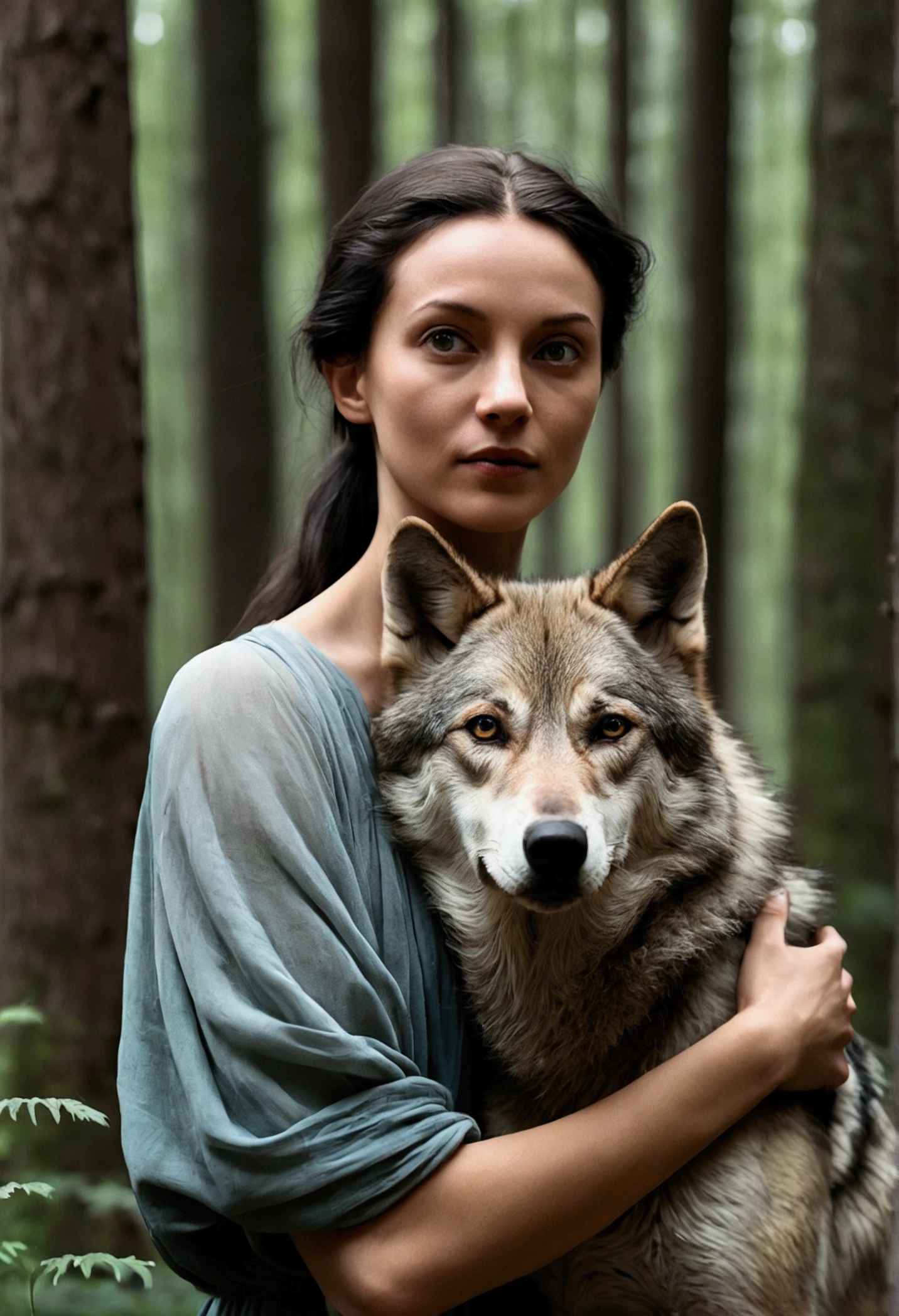 there is a woman hugging a wolf in the woods, by Emma Andijewska, inspired by Elke Vogelsang, dog, aleksandra waliszewska, angiewolf, portrait shot, photo portrait, with wolfs, inspired by Caspar Wolf, wolves and their treasures, by Zofia Stryjenska, realistic art,