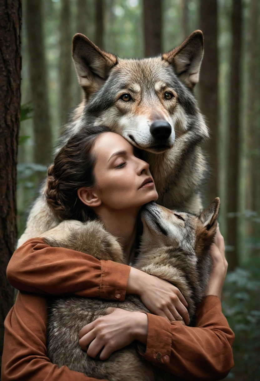 there is a woman hugging a wolf in the woods, by Emma Andijewska, inspired by Elke Vogelsang, dog, aleksandra waliszewska, angiewolf, portrait shot, photo portrait, with wolfs, inspired by Caspar Wolf, wolves and their treasures, by Zofia Stryjenska, realistic art, 