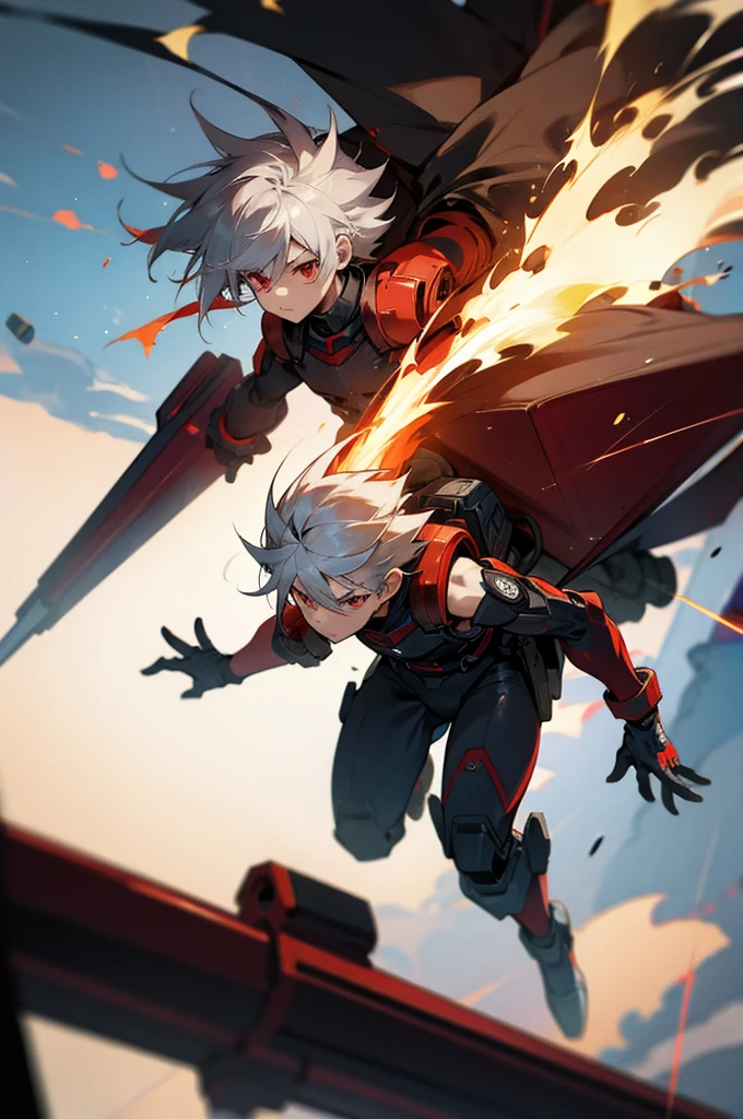 A boy of about 7 with silver hair and red eyes is blowing up the city. Shota Cyborg. His right arm has been transformed into a cannon.、Red energy is emitted、It's piercing the building, launching missiles from the six-barreled catapults equipped on both shoulders, carrying out a bombing attack.