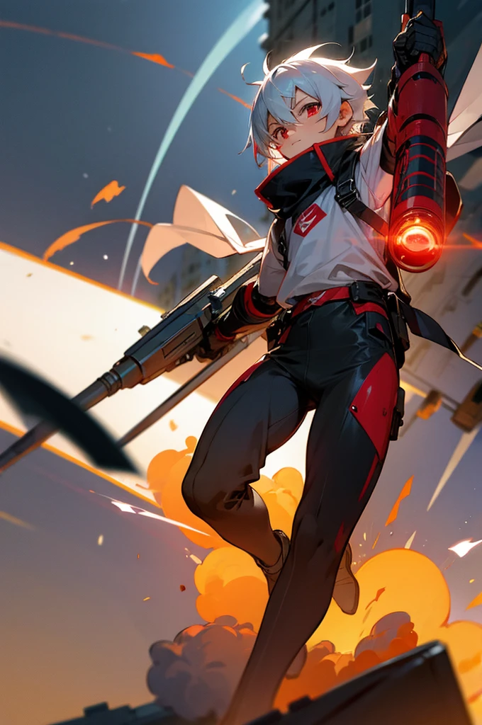 A boy of about 7 years old with silver hair and red eyes is blowing up the city. Shota Cyborg. His right arm has been transformed into a cannon.、Red energy is emitted、It's piercing the building, launching missiles from the six-barreled catapults equipped on both shoulders, carrying out a bombing attack.