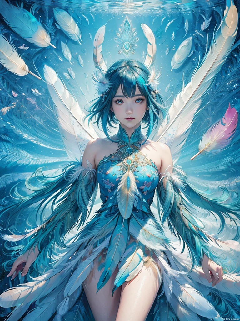cute (best quality, masterpiece), (colorful:1.2),perfect face, best illustration, ,(feather:1.6), incredibly absurdres, underwater,(fractal art:1.5),wings, (astral fairy), (mystical), high detailed official artwork, anime fantasy artwork, (epic fantasy), ((ethereal)),eastern costume,(dynamic angle),full body
