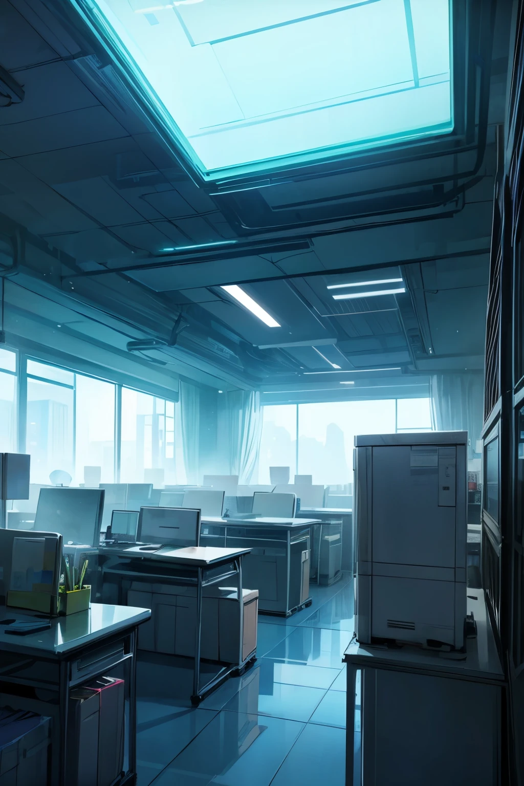 masterpiece, best quality, Work office with huge window, cartoon style, mood and tone like sci-fi