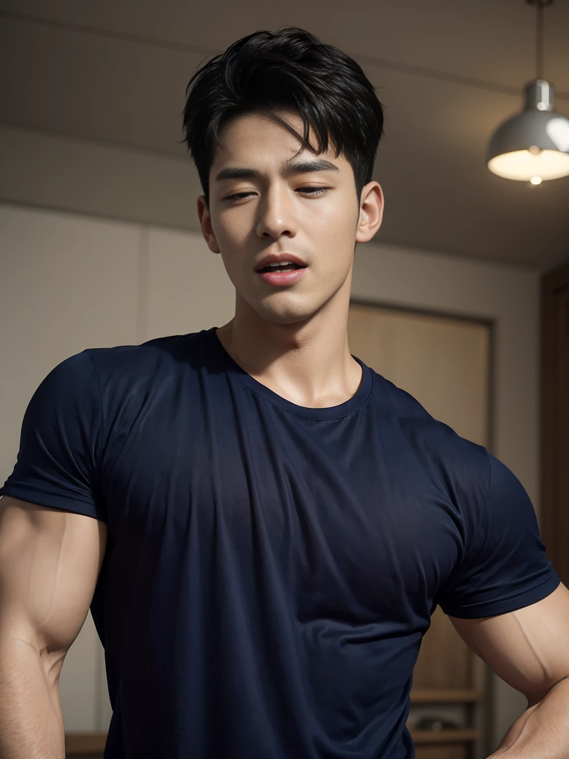 (Create a masterpiece: 1.2),(CGI art:1.3),(realistic:1.5),(After processing:1.3), (Sharp focus:1.3), 1 man, open mouth, smile, (Navy blue round neck t-shirt:1.3), Navy cargo pants, Korean guy , korean men, (High gloss details), chest muscles, large arm muscles, blood vessel, Big muscles, Broad shoulders, looking at the audience, Balancing the eyes, bedroom, Close your eyes.,(open mouth:1.1)，Sexy and charming expression