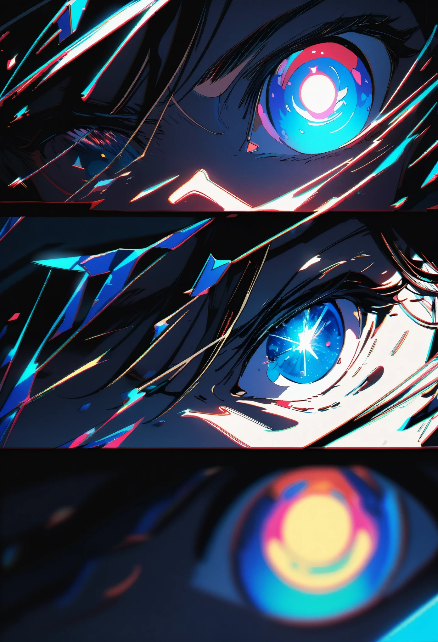 Eye of the Universe, Shattered glass fragments, peep, Faulty, Dark Fantasy, close up, Motion Blur, portrait, Dynamic Lighting, Clear focus, High contrast, Line Art, HD, Chromatic Aberration, Practical, Japanese cartoons, Comic Art, masterpiece, best quality, Aesthetic, absurd, 8k