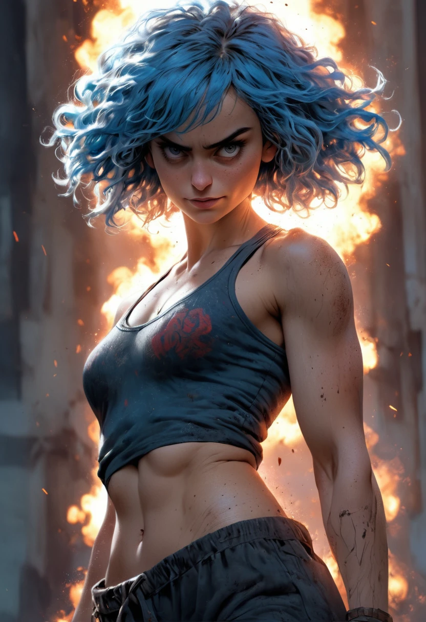 Tuppence Middleton as Riley "Blue" Gunnarsdóttir from the TV series Sense8, barefooted, full body shot, highly detailed cinematic illustration, black outlining, full color illustration, vivid colors, white background, in the style of Boris Vallejo & Julie Bell, masterpiece, 8k, ultra-detailed, physically-based rendering, vivid colors, dramatic lighting, intricate background, photorealistic