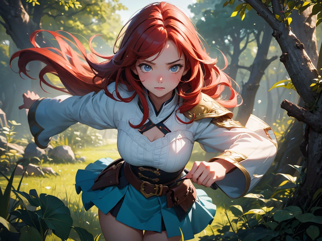 (best quality,4k,highres),ultra-detailed,realistic,portrait style,bright colors,dynamic lighting,monster hunter reference,majestic landscape,orange hair,(heterochromia:1.1),small,fierce and determined expression,elaborate archer costume,arrow pulled back in the bow,strong physical stance,flying arrows in the background,impressive bow design,foreboding atmosphere,flawless makeup,sharp focus,detailed facial features,lush greenery,sunlight filtering through trees,dappled shadows,strong perspective,highly textured outfit,craftsmanship attention to fine details,colorful backdrop,exquisite jewelry,fluid and elegant movement,beautifully curved bow,confident and commanding presence,fantasy adventure theme.