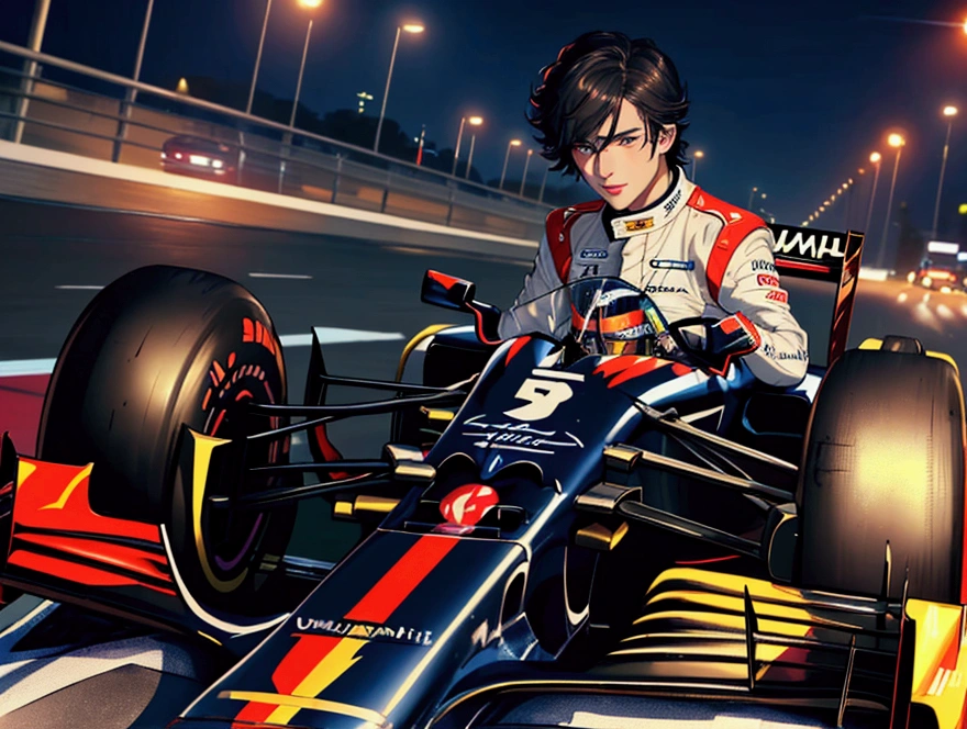 high quality,High resolution,16K,Sharp lines,1 person,Male Formula 1 racing driver ,Cute Face, Beautiful legs,Tokyo Night,Beautiful face in every detail,Detailed clothing,Beautiful Eyes,nice,Dynamic Angle,Damaged clothes,Damaged car,