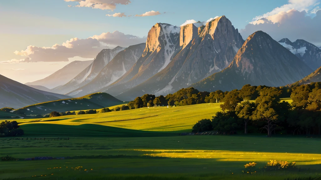 Vast green landscape,Rolling hills and lush meadows, with majestic mountains in the background. The sky is dotted with a few scattered clouds, Scene captures warmth, Golden sunlight bathes the environment,The evening sun begins to set, Casting a long shadow,With soft, Tranquil Light 16:9