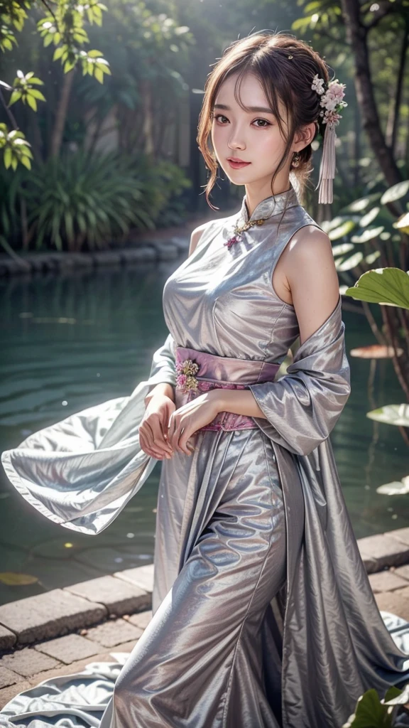 Superb Quality, Masterpiece, High Resolution, 1Girl, Blush, (Seductive Smile: 0.8), Star Pupil, Chinese Hanfu Lilac, Hair Accessories, Necklace, Jewelry, Beauty, on_body, Tyndall Effect, Realism, Lotus Pond, Light Edge, Two-tone Lighting, (High Detail Skin: 1.2), 8K UHD, DSLR, Soft Light, High Quality, Volume Lighting, Candid Photo, High Resolution, 4K, 8K, Background Bokeh