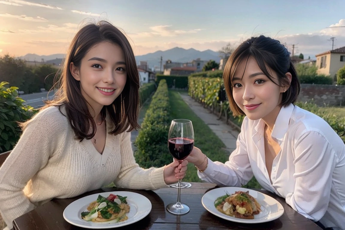 (Realistic:1.1),(masterpiece,Highest quality),8k,(49 years old), 53 years old, ベリーslimボディ、slimカップル、Tight waist,Upper Body,full-course dinner、wine 、Amazing view of the sunset sky and clouds、Perfect Anatomy, Brown Hair, short hair,Random Hairstyles,((Highly detailed face and eyes:1.2)),Perfect golden ratio face,Long sleeve shirt、dress,(smile:1.2)、Shortcuts、cute、(Realistic, Intricate details:1.2), A bright smile、short hair,Bright Face、赤wine 、Appetizers、Italian food、wine bottle、Champagne、スパークリングwine、(slimな顔), (The body is slim), (Brown Hair), (Shortcuts), Upper Body, 白wine, slim, wineグラス,