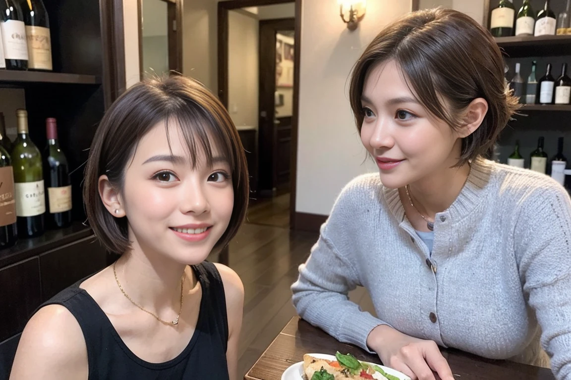 (Realistic:1.1),(masterpiece,Highest quality),8k,(49 years old), 53 years old, ベリーslimボディ、slimカップル、Tight waist,Upper Body,full-course dinner、wine 、Amazing view of the sunset sky and clouds、Perfect Anatomy, Brown Hair, short hair,Random Hairstyles,((Highly detailed face and eyes:1.2)),Perfect golden ratio face,Long sleeve shirt、dress,(smile:1.2)、Shortcuts、cute、(Realistic, Intricate details:1.2), A bright smile、short hair,Bright Face、赤wine 、Appetizers、Italian food、wine bottle、Champagne、スパークリングwine、(slimな顔), (The body is slim), (Brown Hair), (Shortcuts), Upper Body, 白wine, slim, wineグラス,