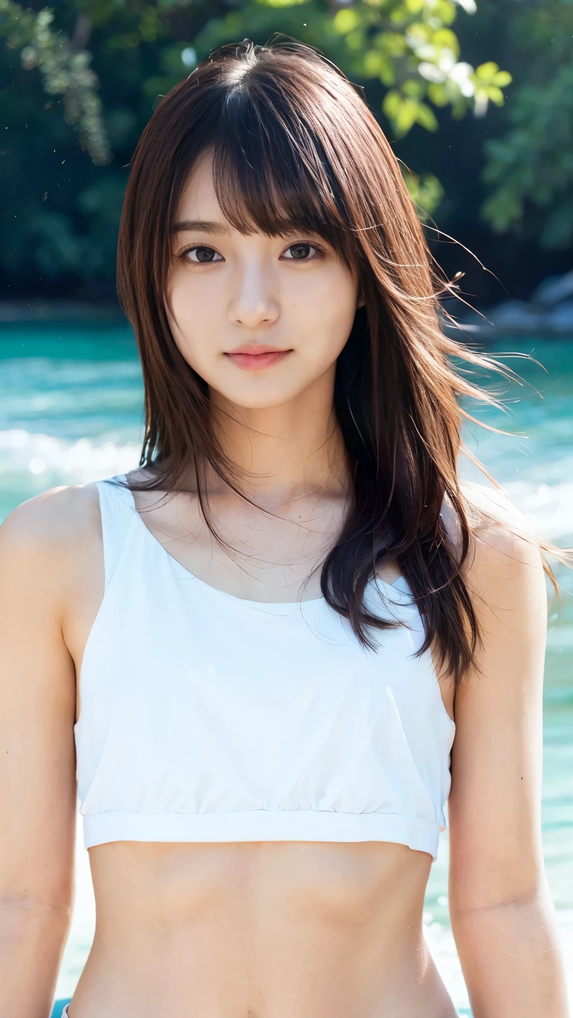 ((Extremely precise and accurate anatomy)), (masterpiece:1.43), Perfect balance, Realistic photos, Artistic body:1.22、young woman、Very realistic、High resolution photos、Backlight、Shoulder-length chestnut hair、The eyes are a striking green with gold flecks.....、natureなアーチ型の眉毛、The skin is white and smooth、nature,、Healthy shine、natureな表情、Straight and white teeth、A micro bikini made of soft and light fabric that fits snugly.......、Sunlit beach in the evening、The sea swaying in the wind、Clear deep blue sky with white clouds、The sunlight is warm and golden、顔の特徴や衣服の質感を強調するnatureなハイライトと影、メイクは最小限でnature、Light Foundation、A faint blush、Subtle eyeliner、A little mascara々々々々々々々、Soft pink lip color、Mr.....々Facial expressions and poses、Wavy Hair、A sense of movement and vitality、(((Shallow depth of field effect)))、Image focus、The atmosphere is warm、The energy of joy、natureの美