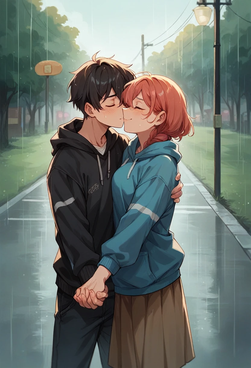 Couple kissing in the city under the rain sad