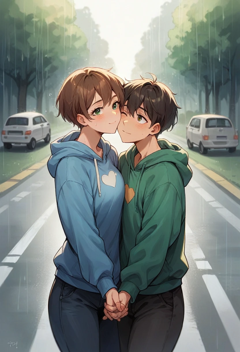 Girlfriend and boyfriend are wetting in rain together on epmty road, holds hand together and hug each other