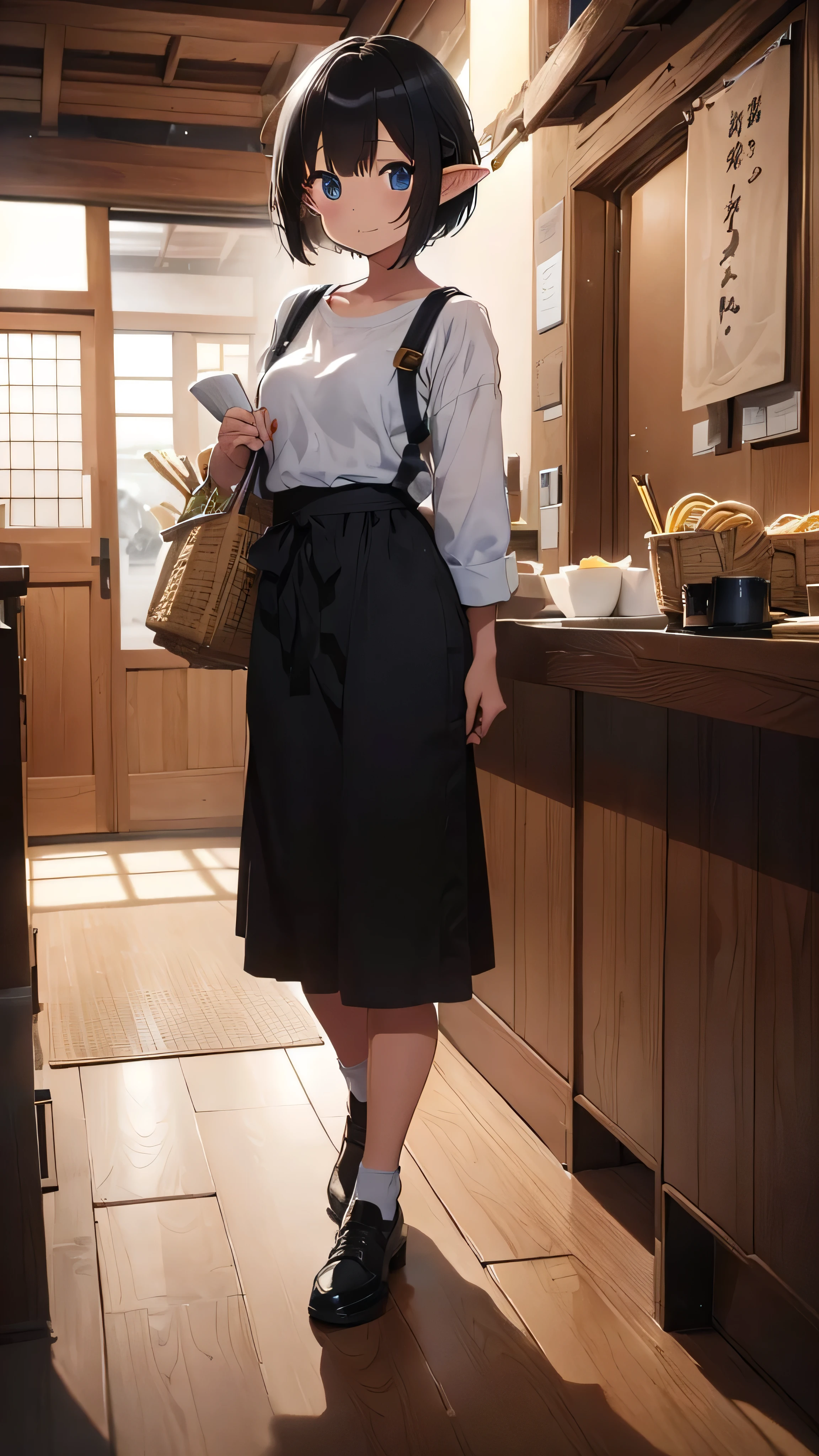 High resolution, 8K Ultra HD, ((Ink and painting)), Inside the soba restaurant. An elf carrying a tray of wide udon noodles. There is nothing in the colander except for white udon noodles.. Short black hair elf, (((Very short hairstyle))), Very nervous, A small smile, (((whole body)))