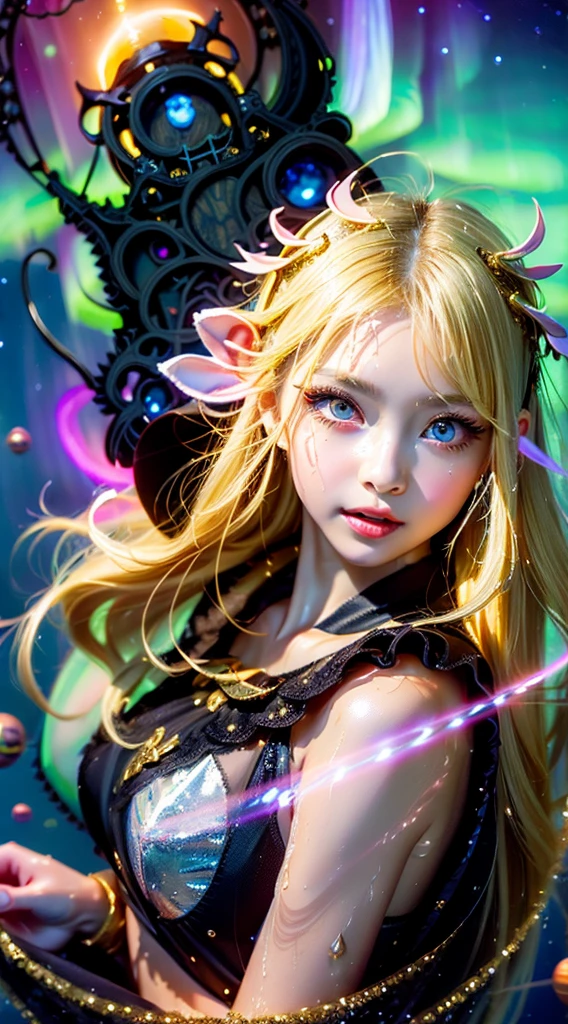 Fox Ears, very cute, Blonde Hair, Big smile, One girl, 1. Goddess Athena, The beautiful, flawless face of the goddess Athena, delicate yellow nightgown, Lots of sexy black lace detailing、Long sheer sequined nightgown, A beautiful pale red silk half veil, Legends of female saints, Icons of female saints, Beautiful goddess-like glitter, Dark and mysterious version, Vermilion lips, Plump red lips, ((口をclose:0.9)), Complete teeth, Symmetrical incisors, Bright white teeth, ((Angry face:0.8)), delicate and beautiful pino detailing, delicate and beautiful lip detail, (Pure and perfect face: 1.9), Female Eucharist, Round Breasts, 大きくてRound Breasts, Phoenix Brooch, Long, flat bangs, Long black hair, Beautiful, clear face and well-proportioned eyes, (Pale pink eyes with transparent irises: 1.8), (Big round eyes and makeup, Sexy wet eye makeup, So beautiful、Careful hair and makeup, long and delicate blonde hair, delicate, Body image: 1.8), shape: Brilliant and, (The stars that make up the sky々: 1.7), (The Gate of Heaven and Imaginary Time and Space: 1.8), Imaginary art, RAW Photos, hanfu pictures, Best Photos, High resolution, 最high quality, Best Photos, Best Goddess Quality, 8k female, Super 8 Single Saint Portrait, The most true color scheme, masterpiece, Best Beauty Brands, Best Hair Jewelry, Brand real photo, Dark studio, Border Light, Two-tone lighting, (Rosy white skin: 1.4), (High skin detail: 1.1), 8k uhd, SLR, Soft Light, 8k, high quality, Frank, Smooth and sharp volume, 10x more pixels, Sexy Goddess, Sexy Goddess, (Background Space: 1.8), (The most beautiful aurora eye: 1.7), Beautiful Eyes, The aurora is beautiful and flower-like, (Beautiful single women: 1.8), (see here:0.8), close, Approaching the Goddess, Clear and unrealistic