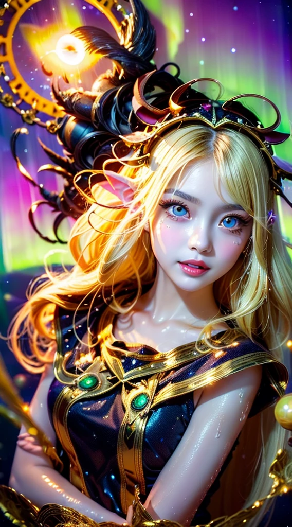 Fox Ears, very cute, Blonde Hair, Big smile, One girl, 1. Goddess Athena, The beautiful, flawless face of the goddess Athena, delicate yellow nightgown, Lots of sexy black lace detailing、Long sheer sequined nightgown, A beautiful pale red silk half veil, Legends of female saints, Icons of female saints, Beautiful goddess-like glitter, Dark and mysterious version, Vermilion lips, Plump red lips, ((口をclose:0.9)), Complete teeth, Symmetrical incisors, Bright white teeth, ((Angry face:0.8)), delicate and beautiful pino detailing, delicate and beautiful lip detail, (Pure and perfect face: 1.9), Female Eucharist, Round Breasts, 大きくてRound Breasts, Phoenix Brooch, Long, flat bangs, Long black hair, Beautiful, clear face and well-proportioned eyes, (Pale pink eyes with transparent irises: 1.8), (Big round eyes and makeup, Sexy wet eye makeup, So beautiful、Careful hair and makeup, long and delicate blonde hair, delicate, Body image: 1.8), shape: Brilliant and, (The stars that make up the sky々: 1.7), (The Gate of Heaven and Imaginary Time and Space: 1.8), Imaginary art, RAW Photos, hanfu pictures, Best Photos, High resolution, 最high quality, Best Photos, Best Goddess Quality, 8k female, Super 8 Single Saint Portrait, The most true color scheme, masterpiece, Best Beauty Brands, Best Hair Jewelry, Brand real photo, Dark studio, Border Light, Two-tone lighting, (Rosy white skin: 1.4), (High skin detail: 1.1), 8k uhd, SLR, Soft Light, 8k, high quality, Frank, Smooth and sharp volume, 10x more pixels, Sexy Goddess, Sexy Goddess, (Background Space: 1.8), (The most beautiful aurora eye: 1.7), Beautiful Eyes, The aurora is beautiful and flower-like, (Beautiful single women: 1.8), (see here:0.8), close, Approaching the Goddess, Clear and unrealistic
