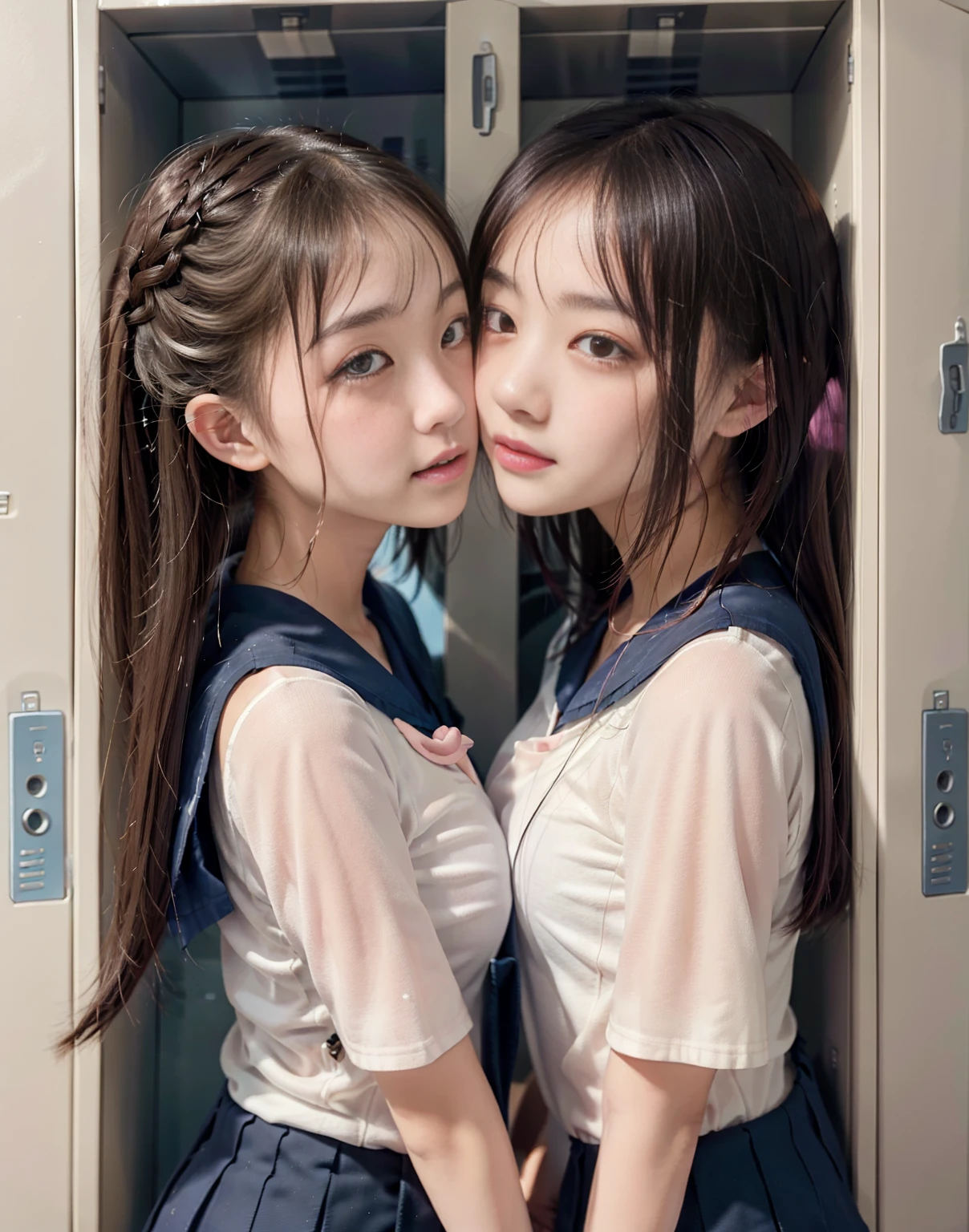 8k,masterpiece,Japanese,best quality, two (schoolgirls:1.4), (kiss:1.3), (crowded box:1.5), (reluctantly:1,6), (blush:1.3), (breasts:1.1)