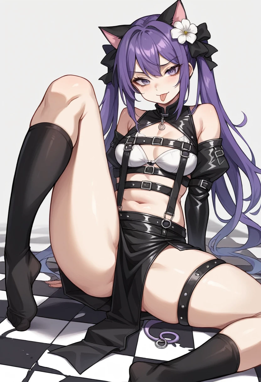 Medusa、fate、Purple Hair、Long Hair、((Thigh-high boots))、Photo from below、Medium chest、Bedroom、Black Bra、Black Panties、((Long gloves))、Spread your legs