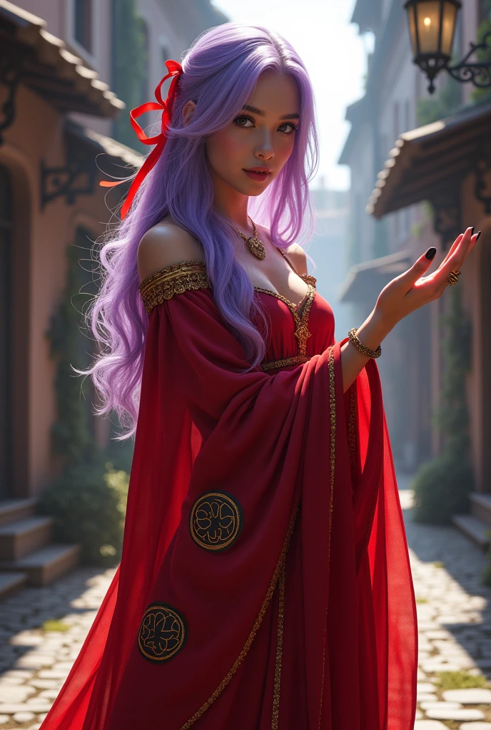 highest quality, 8k, hdr, (head to toe:1.4), Realistic, Human woman, hourglass figure, looks twenty years old, very light lavender hair, Gold streaks in hair, Bright red ribbon in hair, waving at the viewer, Magic dancing on her fingers, Standing on a 18th century street, fantasy wispy very sexy red mage robes with large black magic symbols on it
