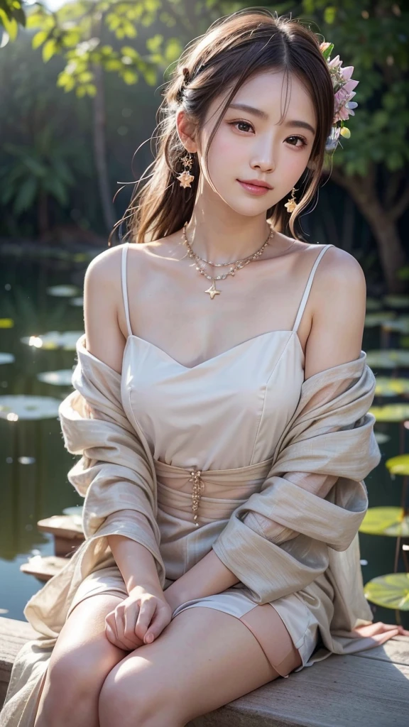 Superb Quality, Masterpiece, High Resolution, 1Girl, Blush, (Seductive Smile: 0.8), Star Pupil, Chinese Hanfu Lilac, Hair Accessories, Necklace, Jewelry, Beauty, on_body, Tyndall Effect, Realism, Lotus Pond, Light Edge, Two-tone Lighting, (High Detail Skin: 1.2), 8K UHD, DSLR, Soft Light, High Quality, Volume Lighting, Candid Photo, High Resolution, 4K, 8K, Background Bokeh