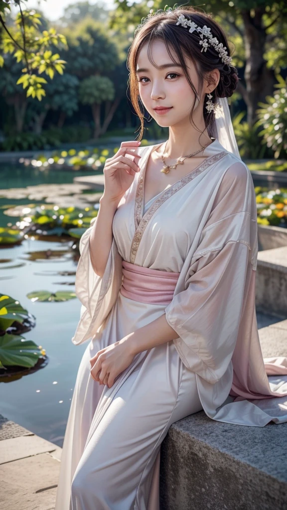 Superb Quality, Masterpiece, High Resolution, 1Girl, Blush, (Seductive Smile: 0.8), Star Pupil, Chinese Hanfu Lilac, Hair Accessories, Necklace, Jewelry, Beauty, on_body, Tyndall Effect, Realism, Lotus Pond, Light Edge, Two-tone Lighting, (High Detail Skin: 1.2), 8K UHD, DSLR, Soft Light, High Quality, Volume Lighting, Candid Photo, High Resolution, 4K, 8K, Background Bokeh