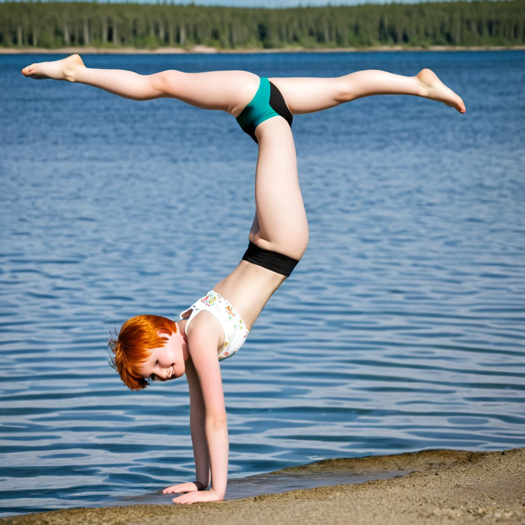 Happy skinny ginger-sweden youngs kids with short ginger hair, dressed in a light short and brassière de sport, happy to show hers, on a scorching summer day, in the lagoon do a handstand longer together 