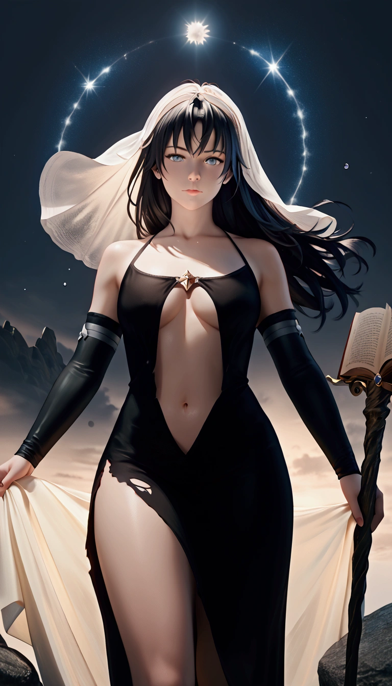 score_9, score_8_up, score_7_up, score_6_up, score_5_up, score_4_up, uncensored, yukinoshita yukino, long hair, black hair, grey eyes, BREAK Photorealistic, Hyperrealistic, Hyperdetailed, analog style, soft lighting, subsurface scattering, realistic, heavy shadow, masterpiece, best quality, ultra realistic, 8k, golden ratio, Intricate, High Detail, film photography, soft focus BREAK, 1girls, holding, female focus, book, staff, floating, robe, open book, holding staff, veil, navel, elbow gloves, torn clothes, water drop, temple, rock, starry sky, dusty, wind art, aura,