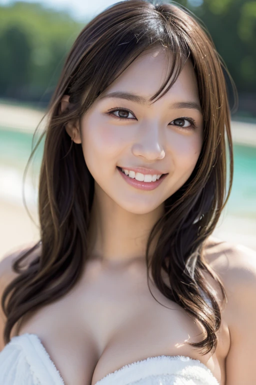 ((Masterpiece、Highest quality、Super detailed、Film Light、fine、High resolution、Very detailed))、16 year old Japanese girl、cute、droppy big eyes,cleavage,bare nipples,Photorealistic perfect body、Wearing a white bathtowel、bare shoulders,Happy cuddling on the beach、enjoy、Water splashes and hits your face、Healthy Beauty、Sexy whole body、Embarrassment and laughter、Toned body、Belly button、Gravure idol