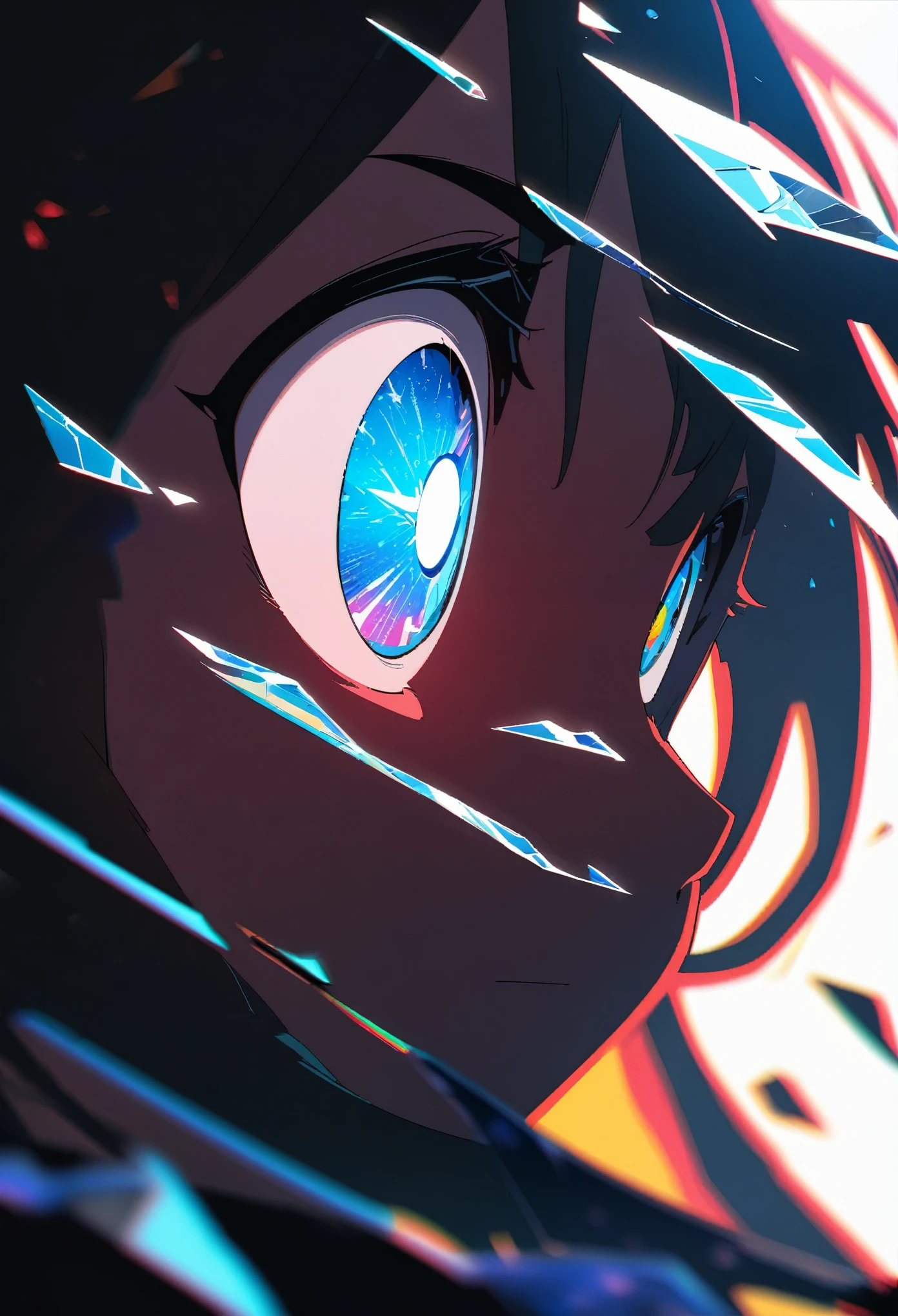 Eye of the Universe, Shattered glass fragments, peep, Faulty, Dark Fantasy, close up, Motion Blur, portrait, Dynamic Lighting, Clear focus, High contrast, Line Art, HD, Chromatic Aberration, Practical, Japanese cartoons, Comic Art, masterpiece, best quality, Aesthetic, absurd, 8k