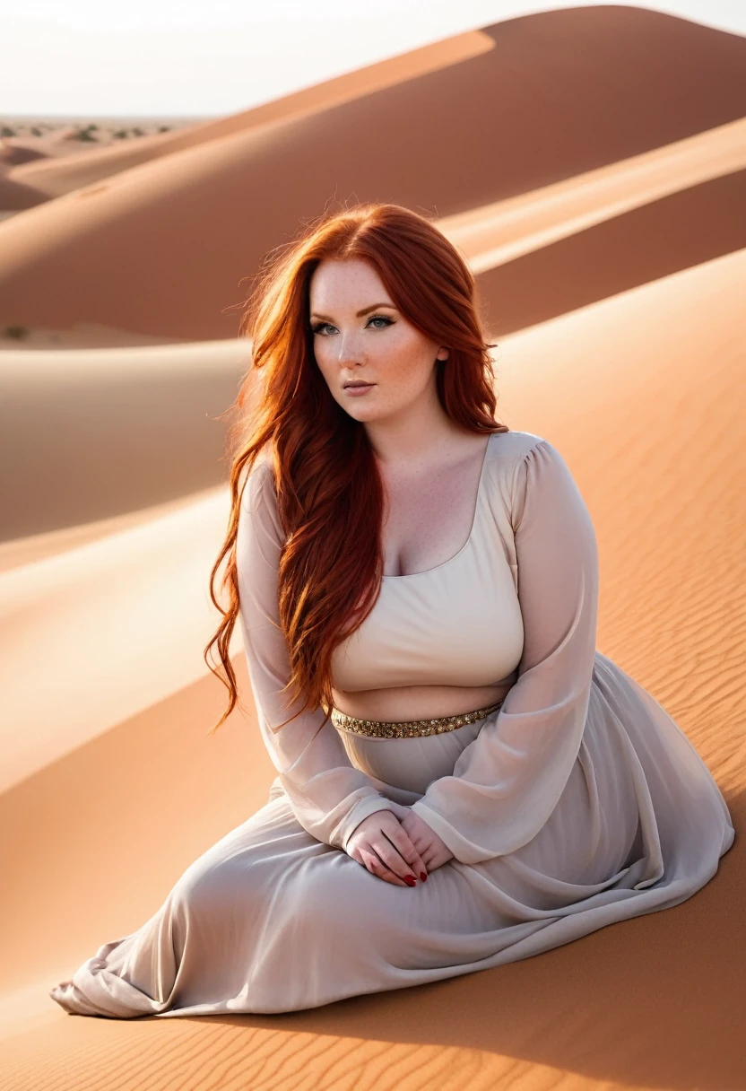 A curvy, fair-skinned woman with long, red hair sitting in a desert landscape with sand dunes in the background under a warm, hazy sky