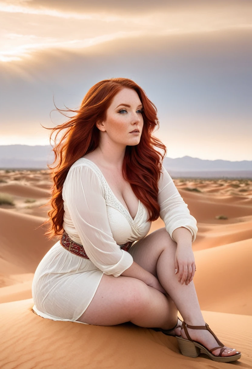 A curvy, fair-skinned woman with long, red hair sitting in a desert landscape with sand dunes in the background under a warm, hazy sky