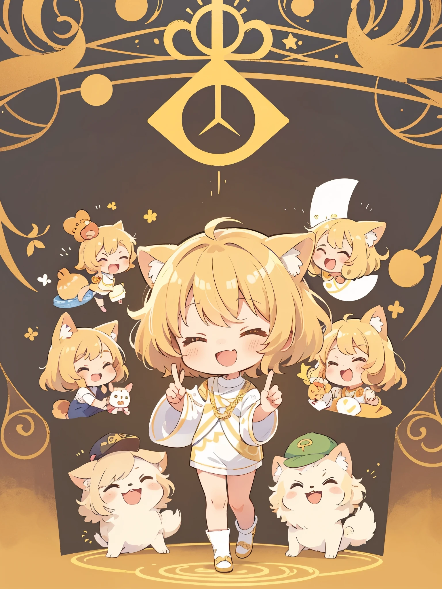 chibi, flat color, 独奏, cute, young, smile, closed eyes, open mouth, double peace sign, standing, full body shot,Dog ears, shiny gold silver blonde hair,bobcut curly hair,