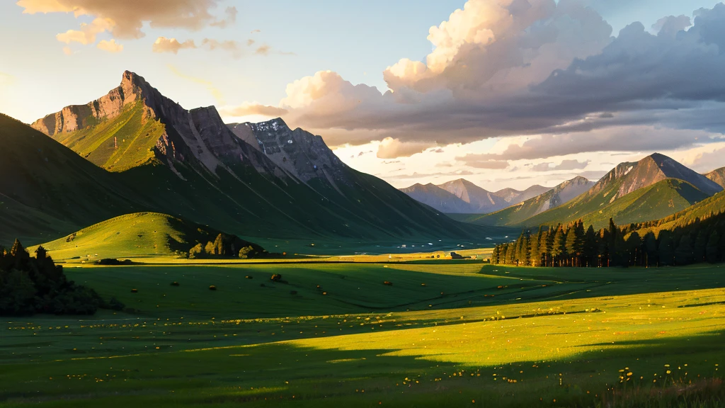 Vast green landscape，Rolling hills and lush meadows, with majestic mountains in the background. The sky is dotted with a few scattered clouds, Scene captures warmth, Golden sunlight bathes the environment，The evening sun begins to set, Casting a long shadow，With soft, Tranquil Light 16:9