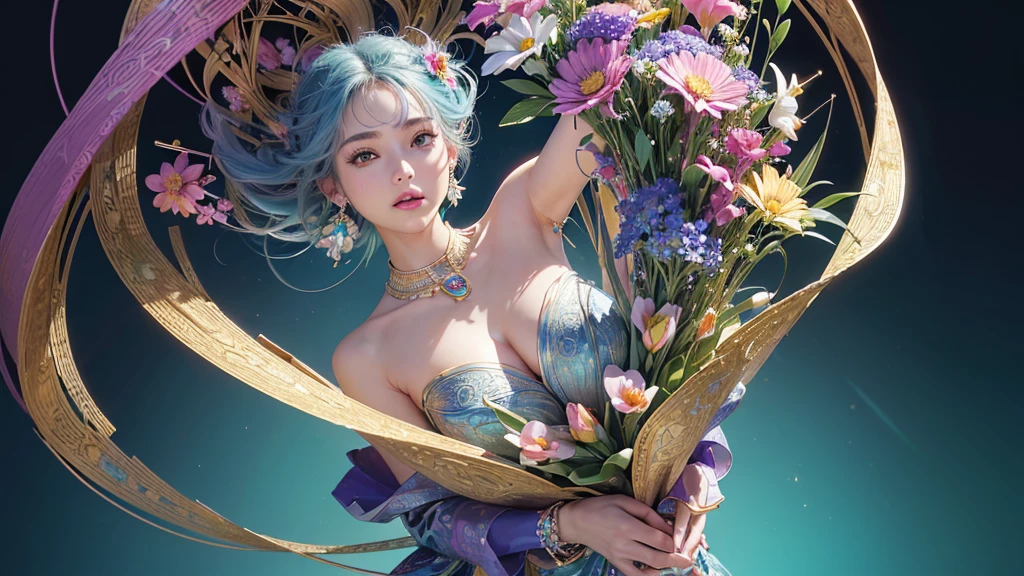 32K, 最高quality, 最高masterpiece, (ultra-Detailed Background, Detailed Background), High resolution, Super detailed, Very detailedな, 1 personの, (bouquet:1.3), (Tangled:1.2), (Geometric:1.2),(colorful),(masterpiece, quality, best quality, Official Art, Beautiful and beautiful:1.2), (1 person:1.3), Very detailed,(colorful:1.1)(Flowers:1.3),Most detailed,(Tangled:1.2), whole body, (Abstract background:1.3), (Skin glows), (Many colors:1.4), ,(Earrings Jewelry:1.5), Light blue and gradient background,