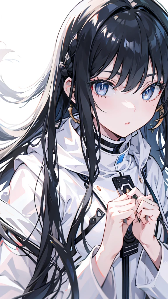Exquisite facial features，girl in white coat，Bright eyes，Black long hair，cute，超high-definition，Clarity，high-definition