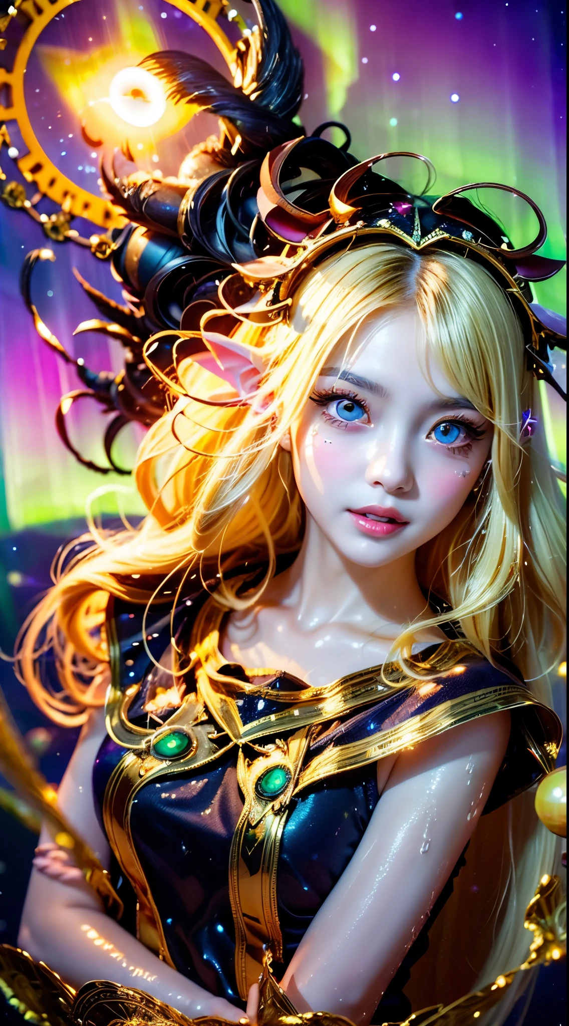 Fox Ears, very cute, Blonde Hair, Big smile, One girl, 1. Goddess Athena, The beautiful, flawless face of the goddess Athena, delicate yellow nightgown, Lots of sexy black lace detailing、Long sheer sequined nightgown, A beautiful pale red silk half veil, Legends of female saints, Icons of female saints, Beautiful goddess-like glitter, Dark and mysterious version, Vermilion lips, Plump red lips, ((口をclose:0.9)), Complete teeth, Symmetrical incisors, Bright white teeth, ((Angry face:0.8)), delicate and beautiful pino detailing, delicate and beautiful lip detail, (Pure and perfect face: 1.9), Female Eucharist, Round Breasts, 大きくてRound Breasts, Phoenix Brooch, Long, flat bangs, Long black hair, Beautiful, clear face and well-proportioned eyes, (Pale pink eyes with transparent irises: 1.8), (Big round eyes and makeup, Sexy wet eye makeup, So beautiful、Careful hair and makeup, long and delicate blonde hair, delicate, Body image: 1.8), shape: Brilliant and, (The stars that make up the sky々: 1.7), (The Gate of Heaven and Imaginary Time and Space: 1.8), Imaginary art, RAW Photos, hanfu pictures, Best Photos, High resolution, 最high quality, Best Photos, Best Goddess Quality, 8k female, Super 8 Single Saint Portrait, The most true color scheme, masterpiece, Best Beauty Brands, Best Hair Jewelry, Brand real photo, Dark studio, Border Light, Two-tone lighting, (Rosy white skin: 1.4), (High skin detail: 1.1), 8k uhd, SLR, Soft Light, 8k, high quality, Frank, Smooth and sharp volume, 10x more pixels, Sexy Goddess, Sexy Goddess, (Background Space: 1.8), (The most beautiful aurora eye: 1.7), Beautiful Eyes, The aurora is beautiful and flower-like, (Beautiful single women: 1.8), (see here:0.8), close, Approaching the Goddess, Clear and unrealistic